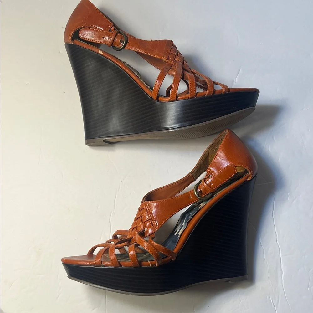 Michael Antonis Women’s orange Wedge Sandals - Strappy Platform Heels size 9.5